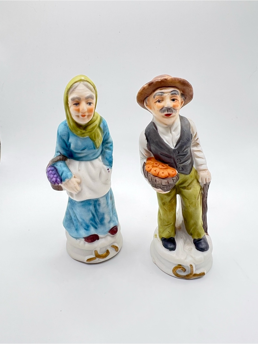 Hand-Painted Ceramic Village Couple Figurines - Blue & Green